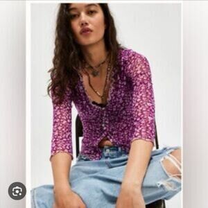 Free People Floral Mesh Top XS Pink Lettuce Edge Romantic Fairycore Whimsygoth